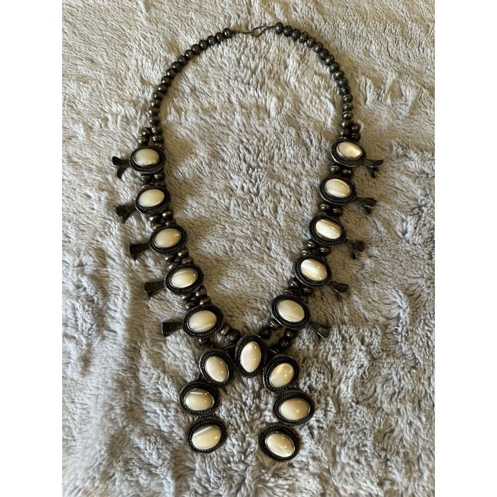 Vintage Navajo Old Pawn Squash Blossom Sterling Silver Mother of Pearl Necklace